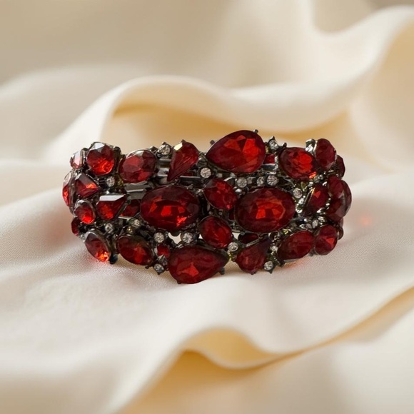 Red Rhinestone Clamper Cuff Bracelet Vintage Revival Statement Piece Art Deco - Picture 1 of 8